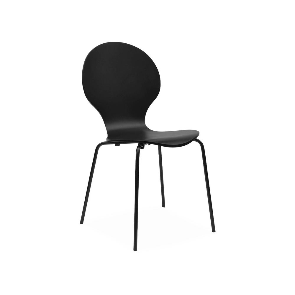 Lot de 4 chaises noires rétro empilables. Bois d'hévéa et contreplaqué. Pieds en acier. Naomi. L 43 x p 48 x h 87cm