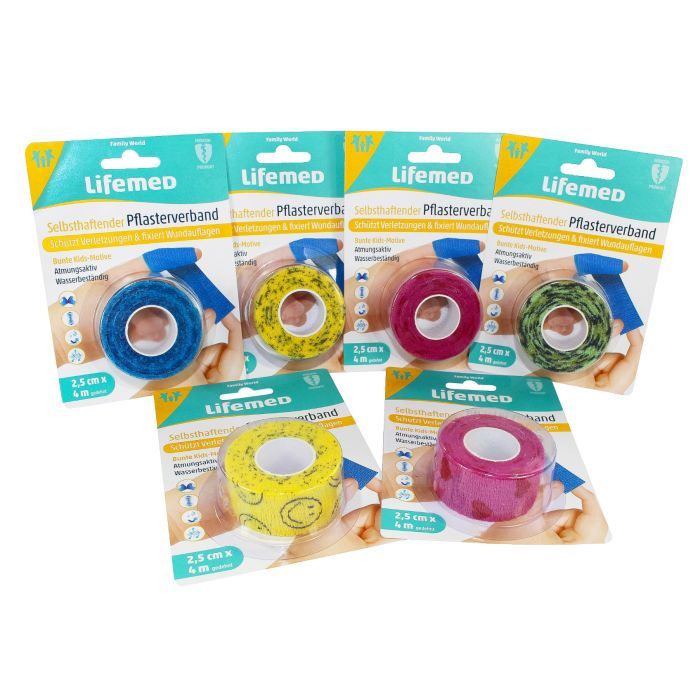 Lifemed Selbsthaftender Pflasterverband 4 m x 2,5 cm 4 verschiedene Motive