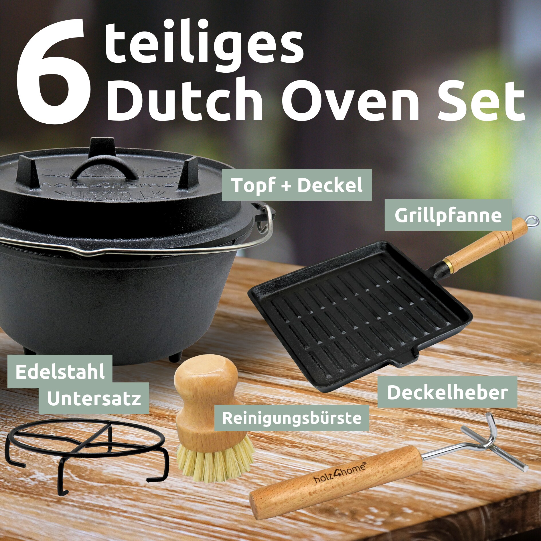 holz4home® Dutch Oven Set 6-teilig I eingebrannter Feuertopf 9L aus Gusseisen I inkl. Pfanne, Topfständer, Deckelheber und Reinigungsbürste