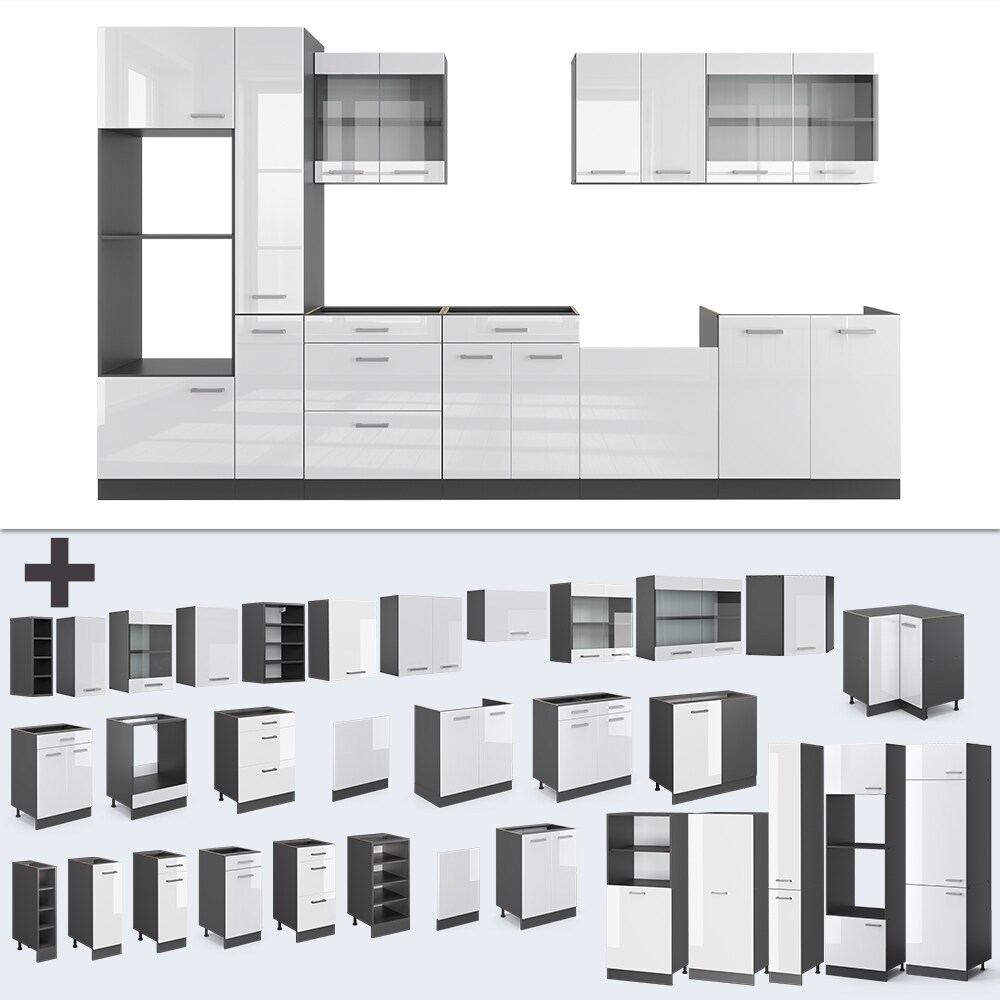 Vicco Küchenzeile Küchenblock Einbauküche R-Line 350 cm Anthrazit Weiß Hochglanz Küche