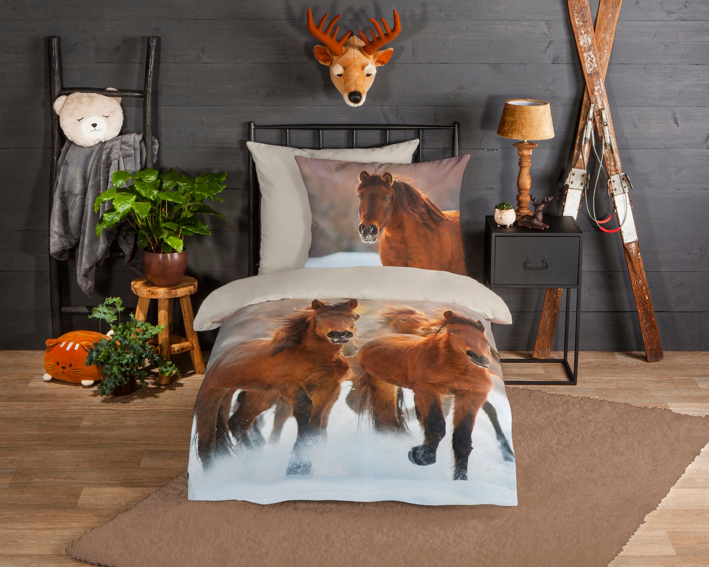 good morning Kinderbettwäsche »Ponies« 2 Stk. tlg. Biber, 135x200, Winter, Warm, Reissverschluss, Wendeoptik, Kind, Pferde