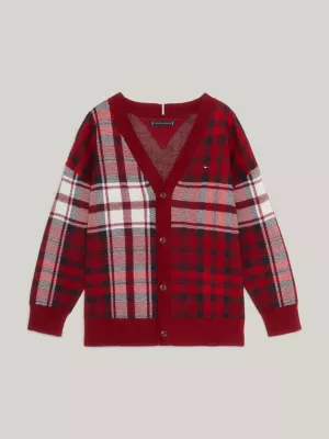 Cardigã xadrez tartan com decote em V e modelagem regular