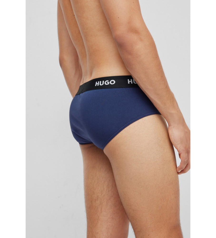 Conjunto de 3 cuecas HUGO em algodão elástico com logotipo azul-marinho.