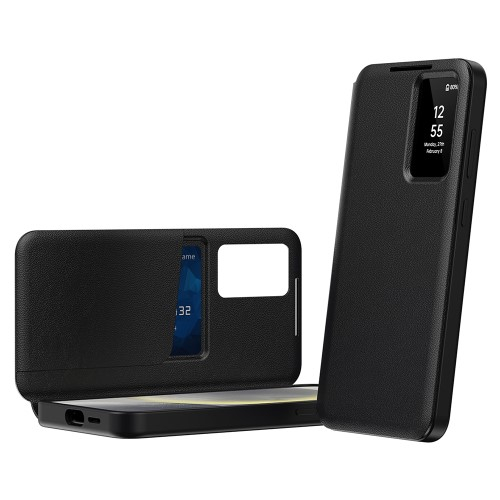 Samsung Galaxy S25 Ultra Leder Hülle Small Window View Flip Case Litchi Look- Schwarz