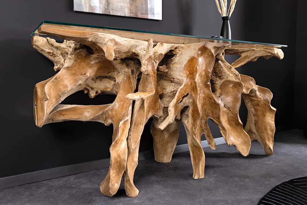Massiver Konsolentisch ROOT 150cm natur Teak Massivholz aus Wurzelholz Glasplatte