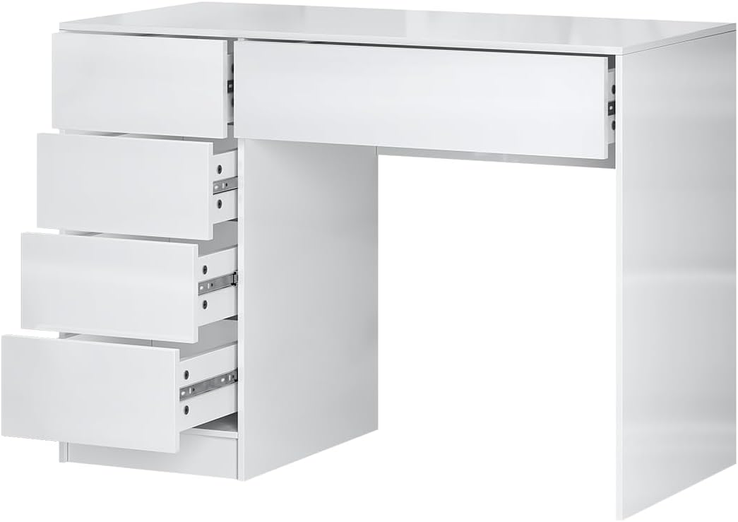 Bellamio Livny Schreibtisch Hochglanz weiß mit 5 Schubladen – Schminktisch ohne Spiegel – White Desk with Drawers 80x53x110 cm – Jugendschreibtisch - Bürotisch mit Schubladen beidseitig montierbar