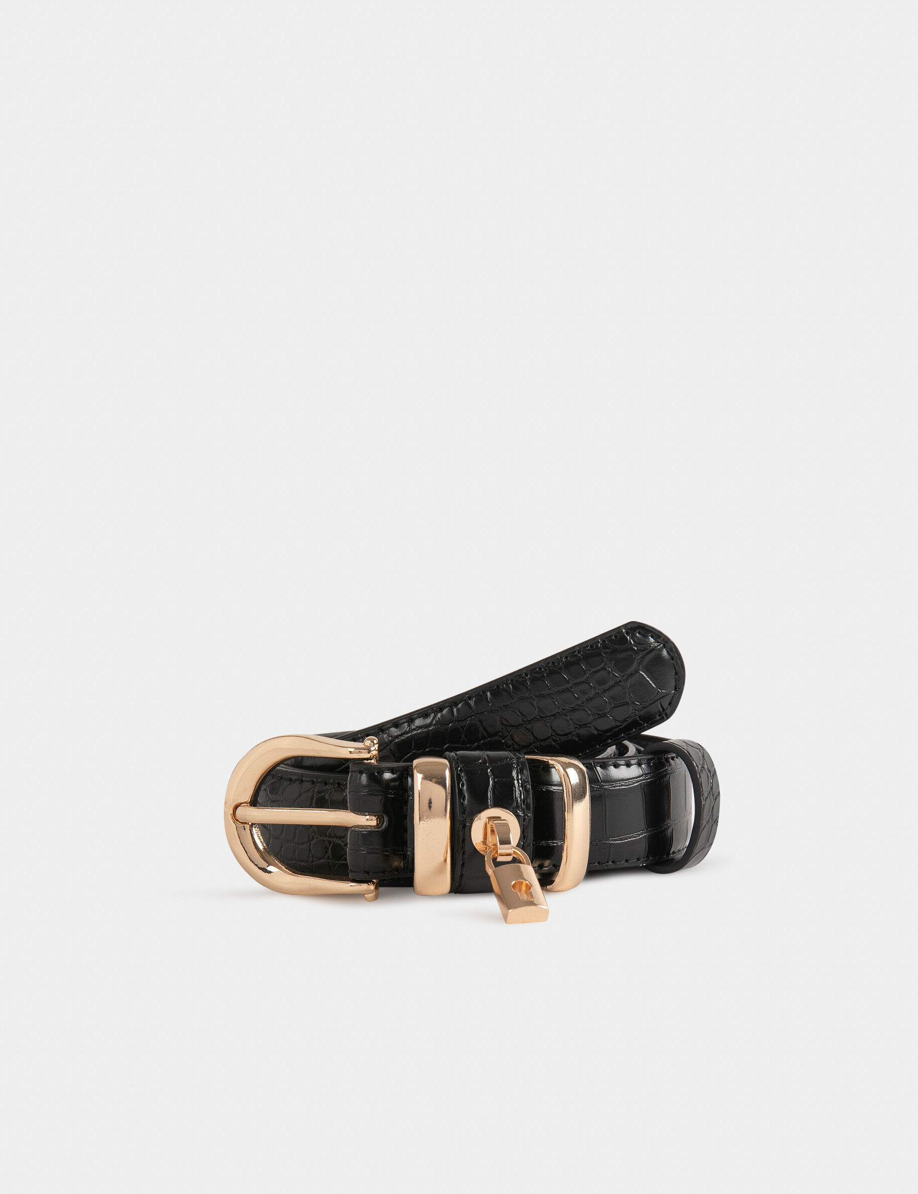 Ceinture avec cadenas aspect croco noir femme - noir
