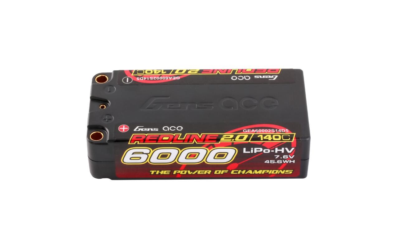 RC-Akku LiHV 6000 mAh 7.6 V 140C Redline 2.02S LiPo HV Shorty Akku mit 5 mm Bullet Goldstecker