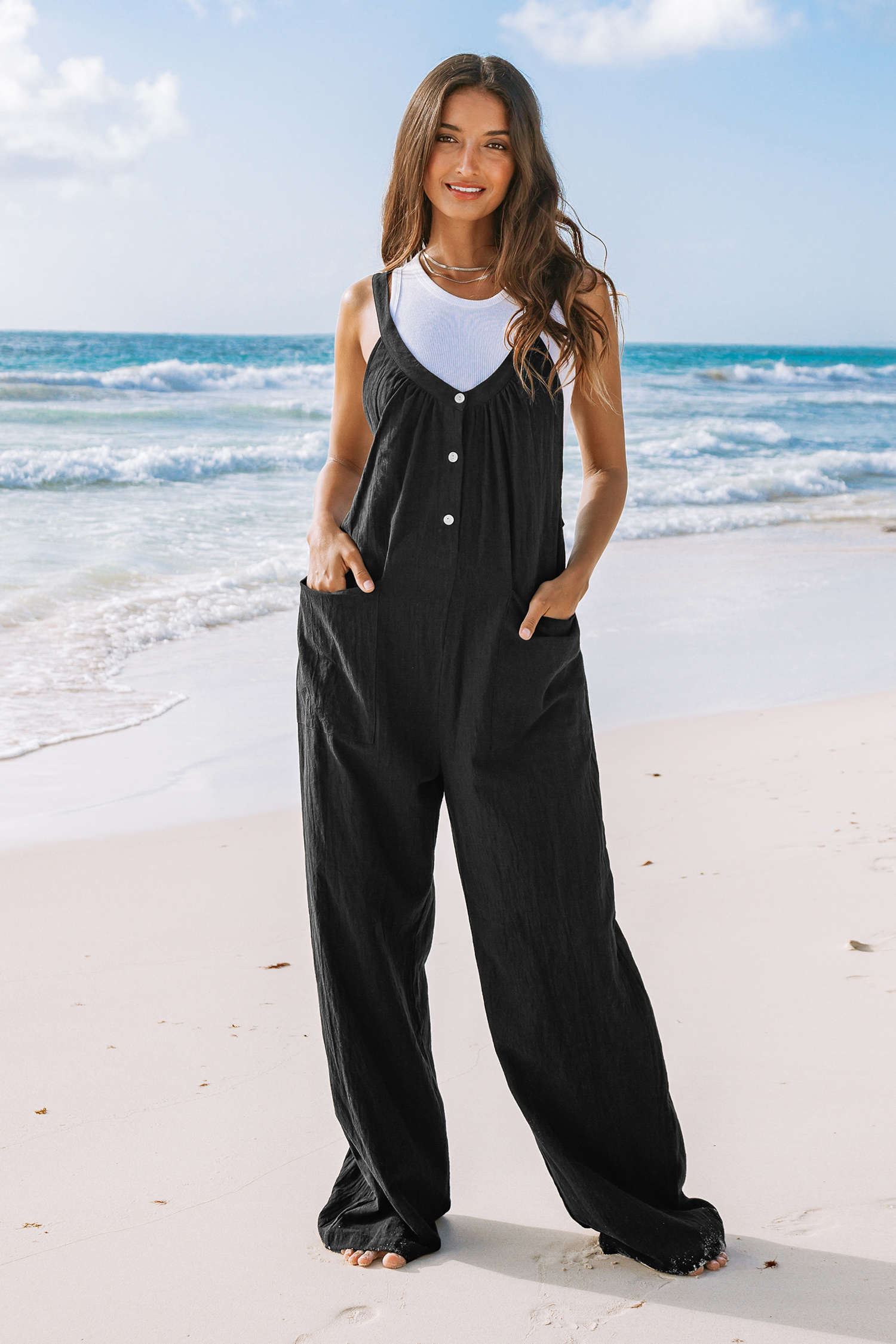 Combinaison en pur coton à jambes larges et poches plaquées noire