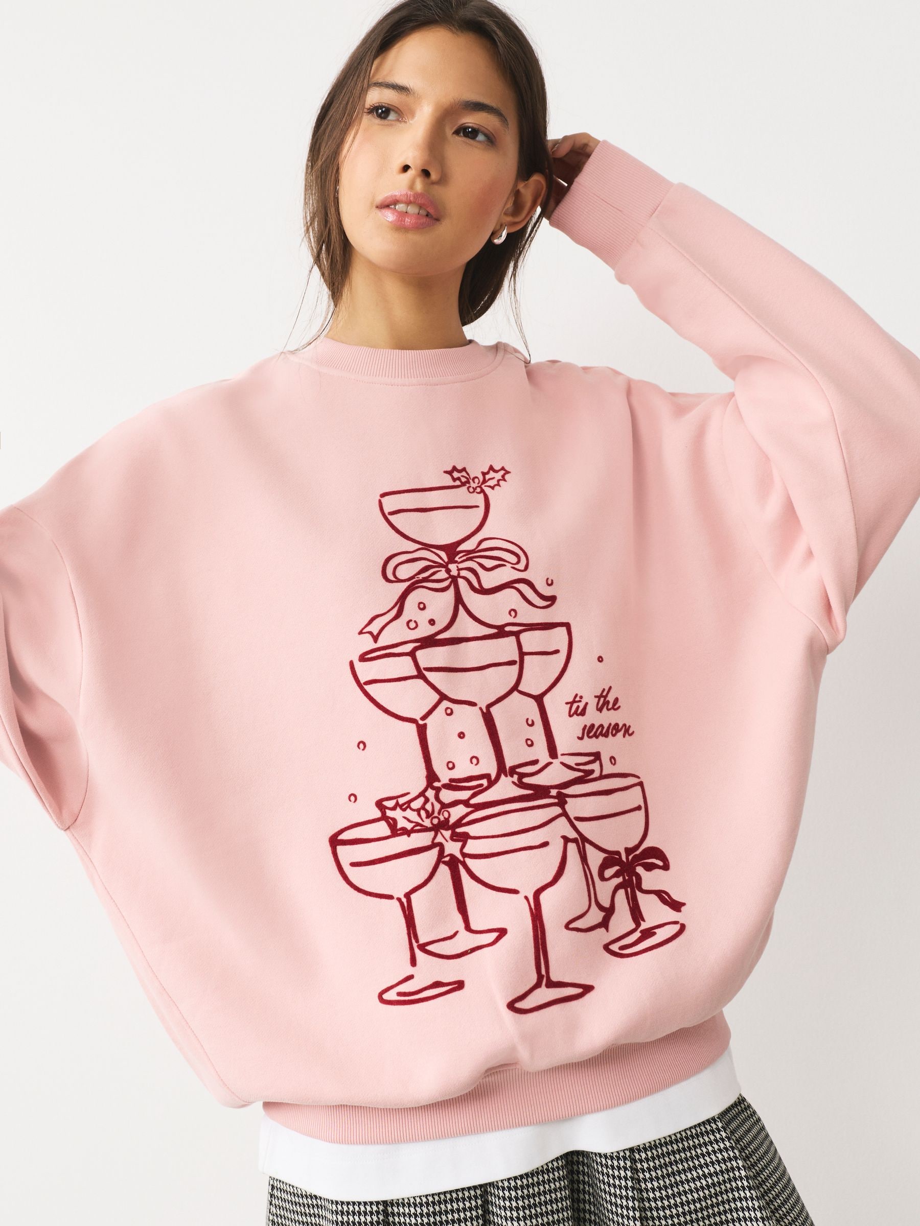Roze - Seizoensgebonden Kerstmis Grafisch Champagneboom Longsleevee Crewneck Sweatshirt