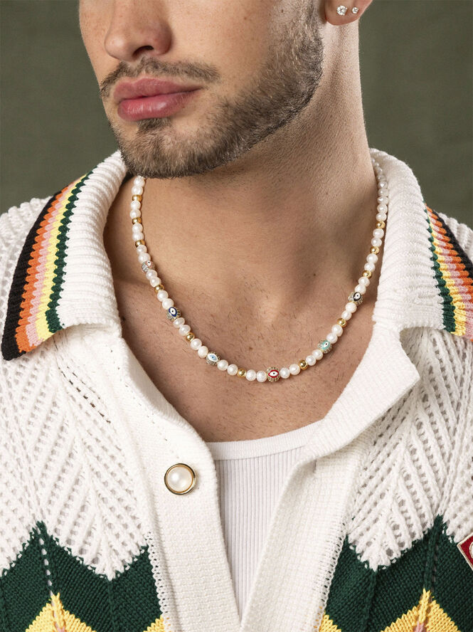Nialaya Men's Evil Eye Pearl Choker Multi