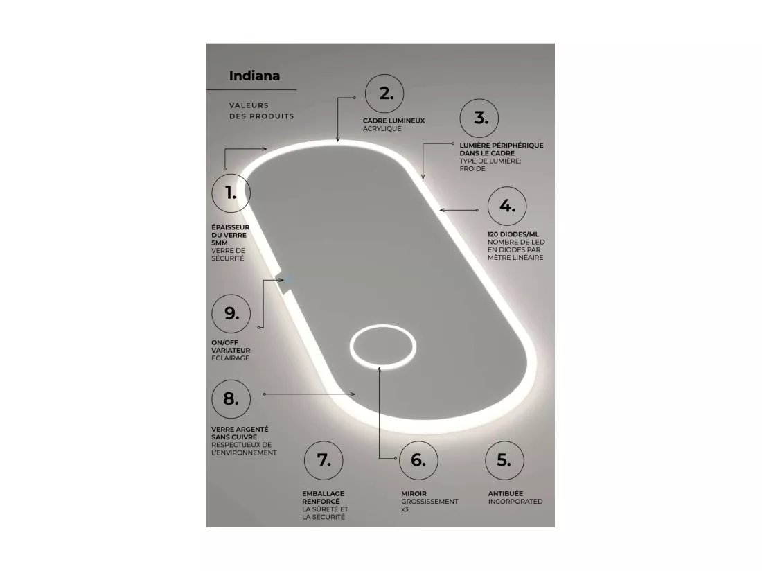 Miroir Salle de Bain INDIANA - 100x60cm - T° Led Frontal Variable - Anti-Buée & Zone Grossissant X3 - LEDIMEX