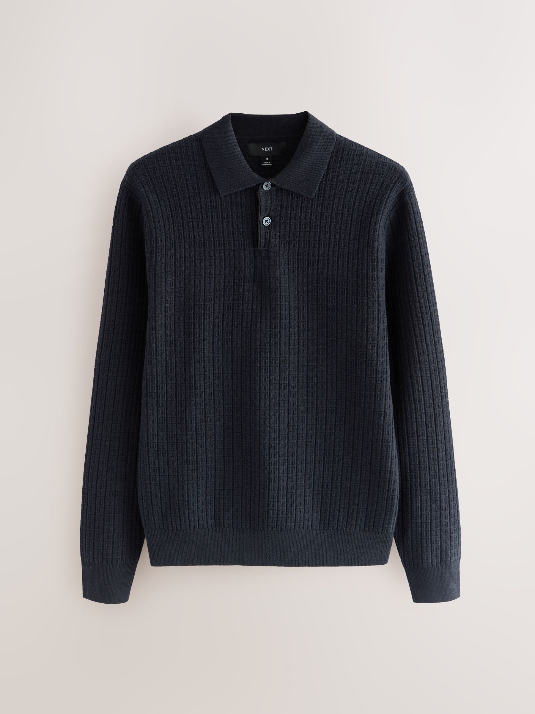 Donkerblauw - Textuur - Regular Fit Essential Long Sleeve Knitted Polo Shirt