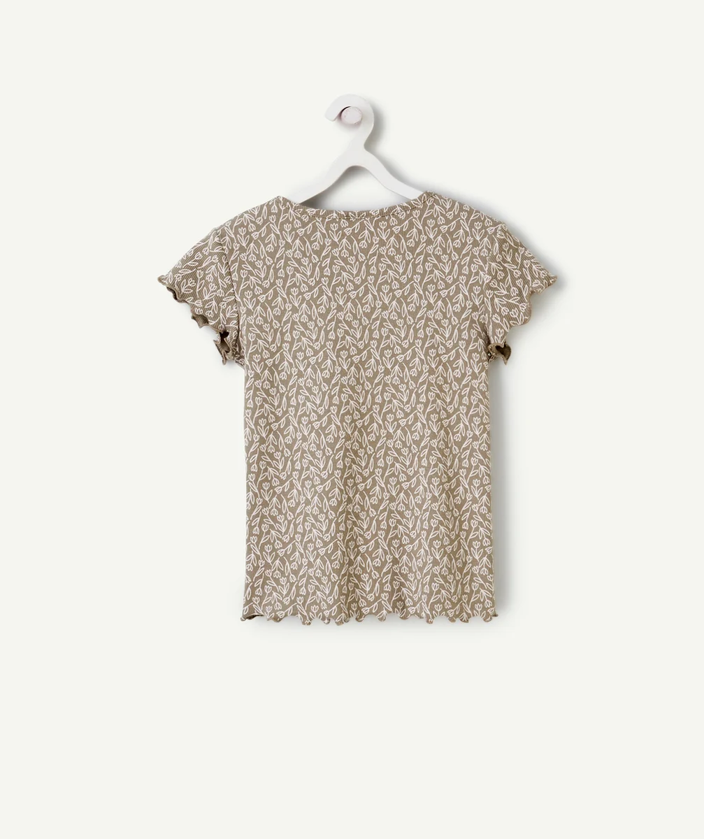 T-SHIRT MANCHES COURTES FILLE EN COTON BIO CÔTELÉ KAKI AVEC IMPRIMÉ FLEURI