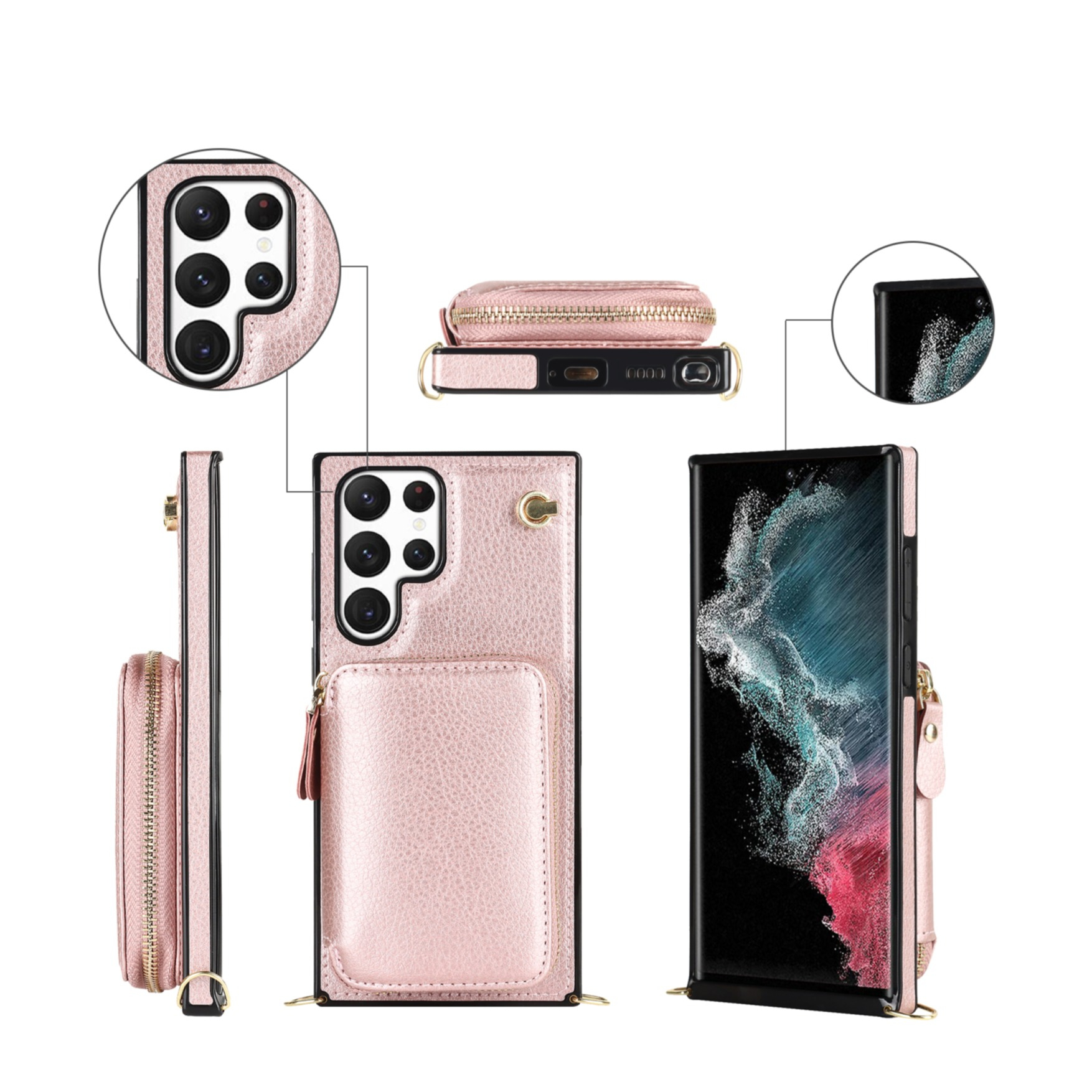 Samsung Galaxy S23 Ultra 5G Necklace Leder Schutz Hülle mit Kartenfächer   Handykette (140cm) - Roségold