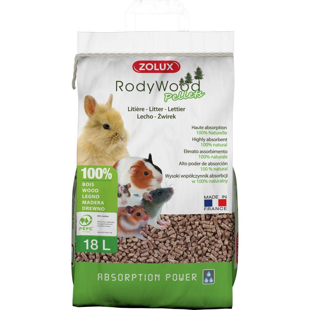 Litière rodywood pellets pour rongeur 18 l, 12.58 kg