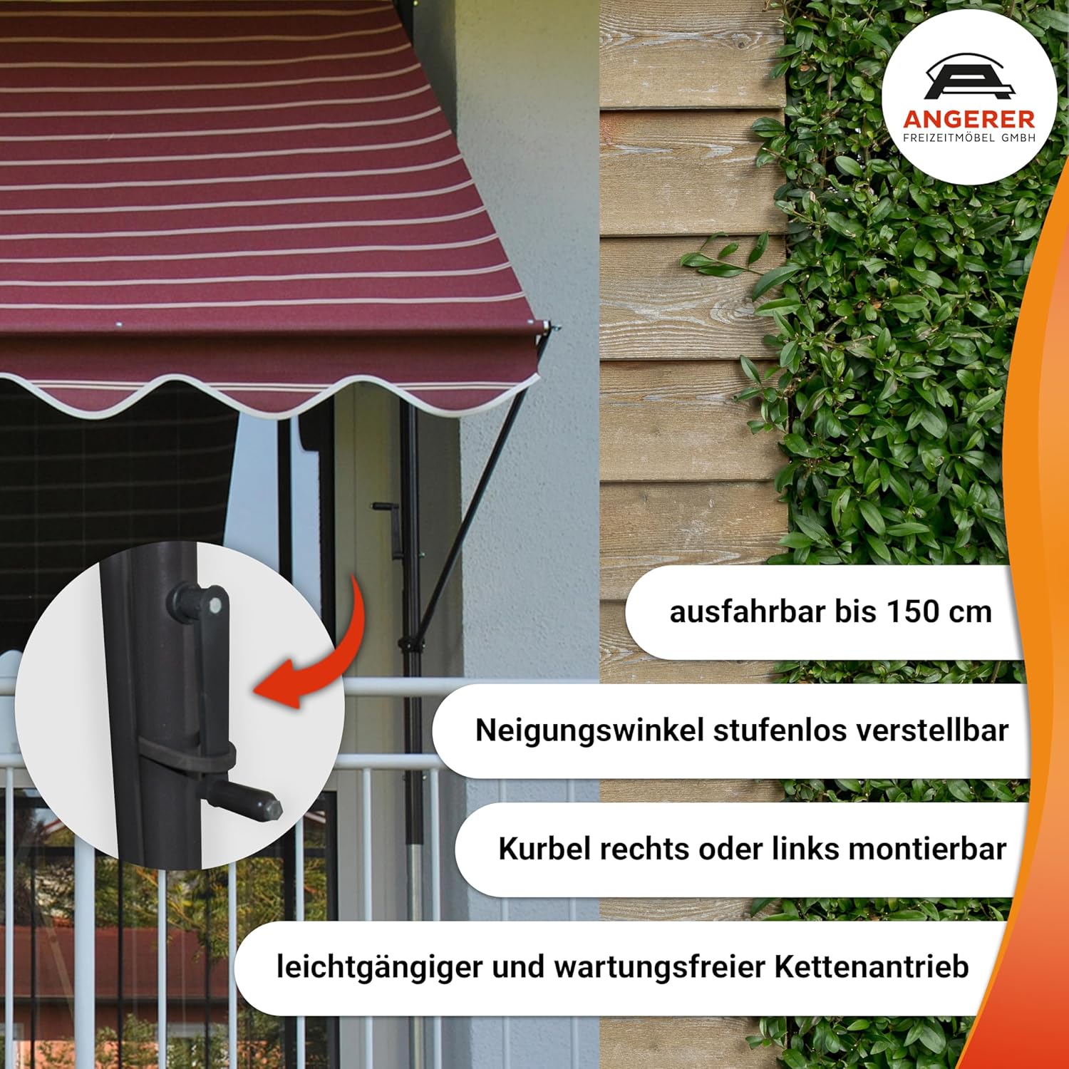 Angerer Klemmmarkise Exklusiv mit Handkurbel, Terrasse/Balkon, einfache Montage ohne Bohren, Made in Germany, hochwertiger Stoff, UV-beständig, höhenverstellbar, wasserabweisend, 300 cm Bordeaux