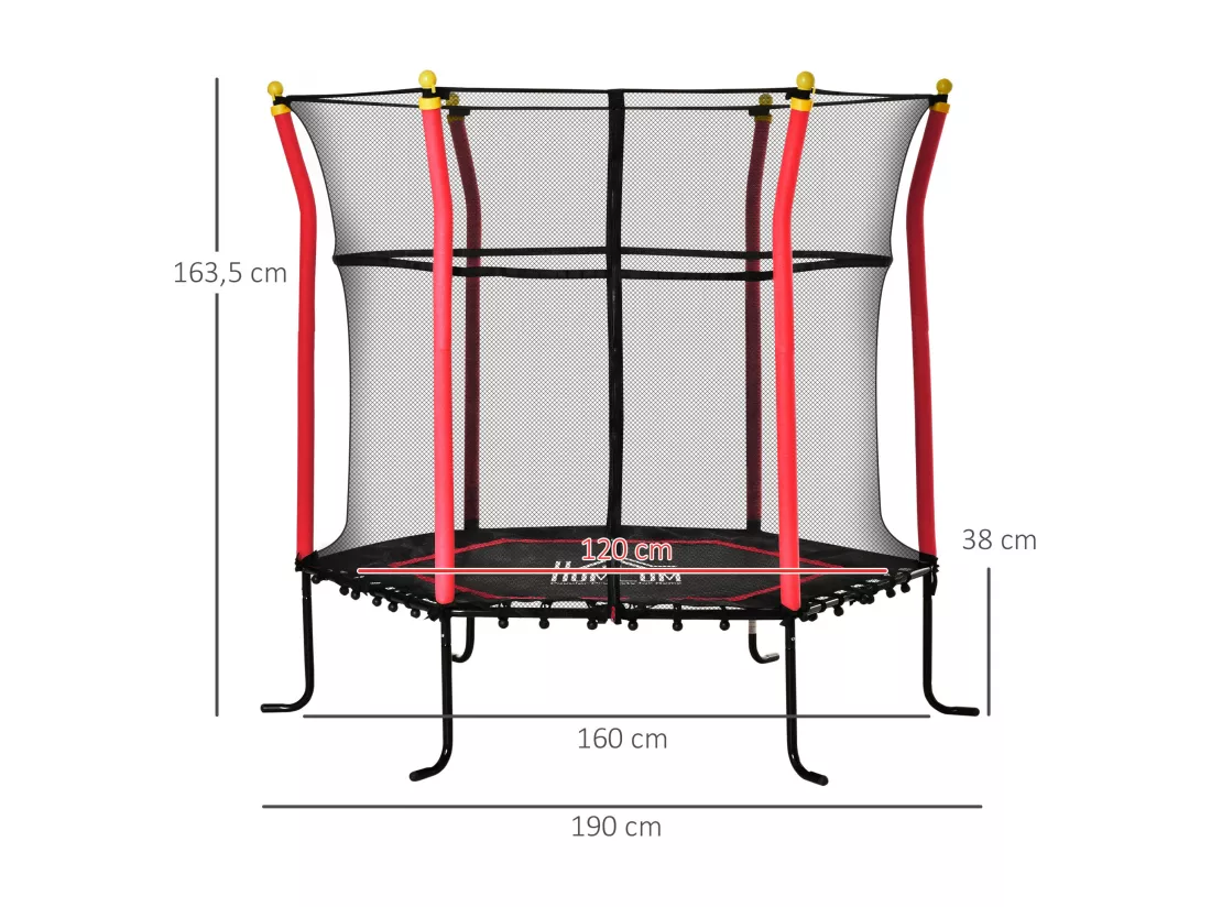 Trampoline enfant Ø 1,60 × 1,63H m filet de sécurité porte zipée couvre-ressorts 6 poteaux rembourrés inclus rouge