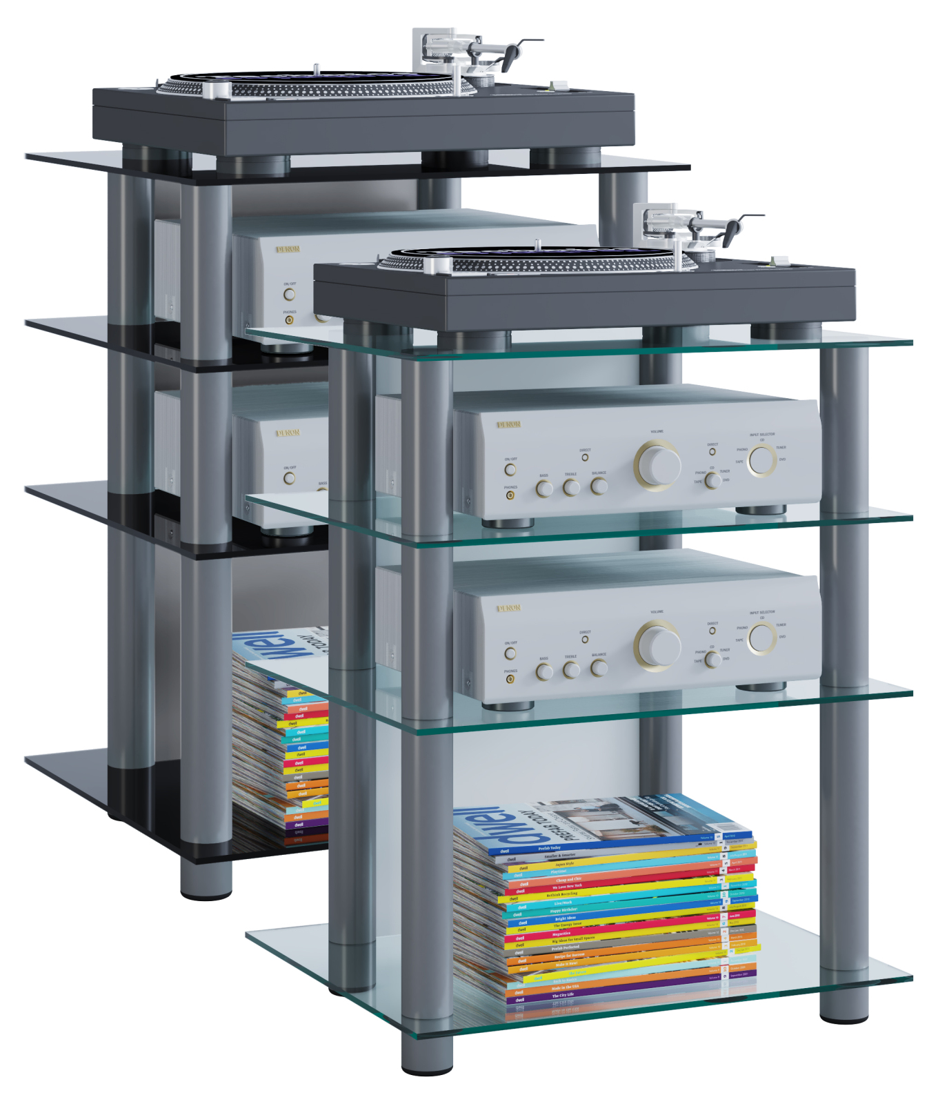 TV-Rack - silber-schwarz - 4 Glasböden - 59 cm breit