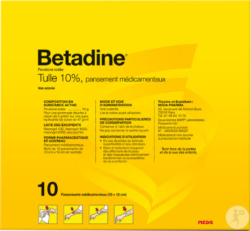 Meda Pharma Betadine Tulle 10% Povidone Iodée Pansement Médicamenteux 10x10cm 10 Pièces