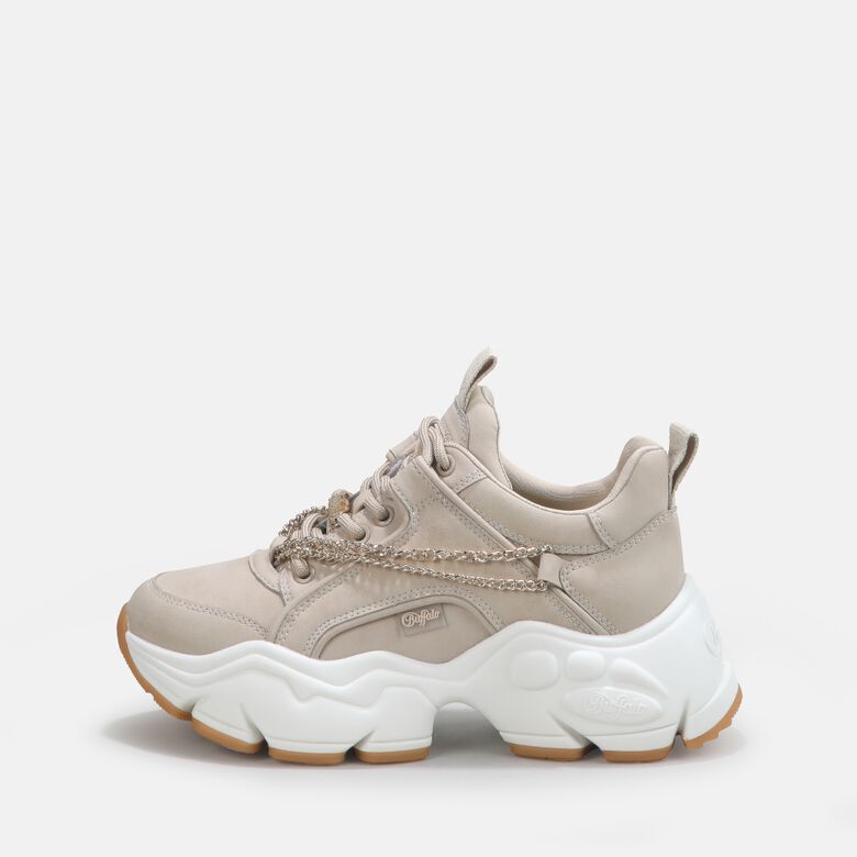 Binary Chain baskets basses véganes, beige et chaîne dorée