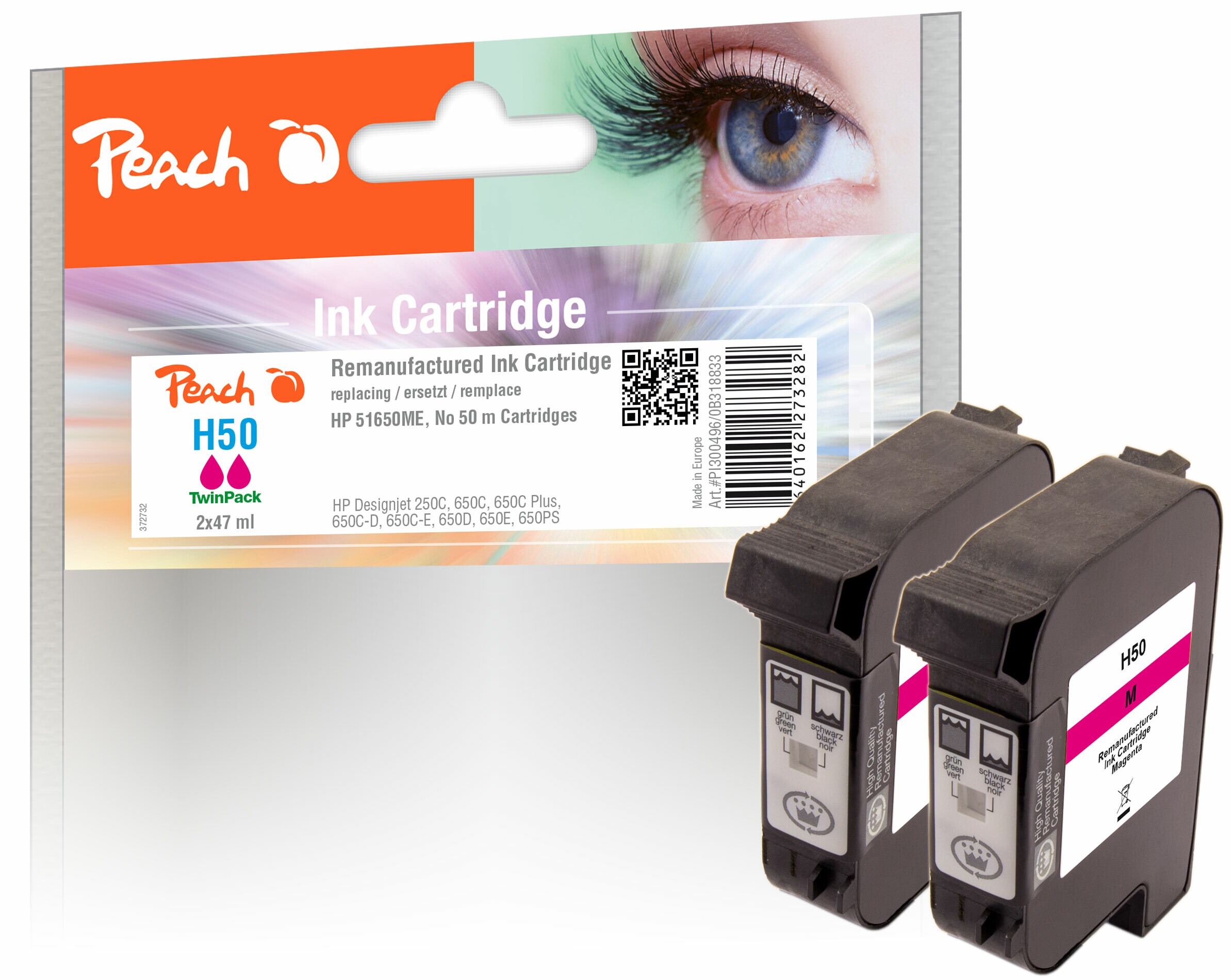 Peach HP 50 m 2 Druckköpfe 2*ma ersetzt HP No. 50 m*2, 51650ME*2 für z.B. HP DesignJet 250 C, HP DesignJet 650 C, HP DesignJet 650 C Plus (wiederaufbereitet)