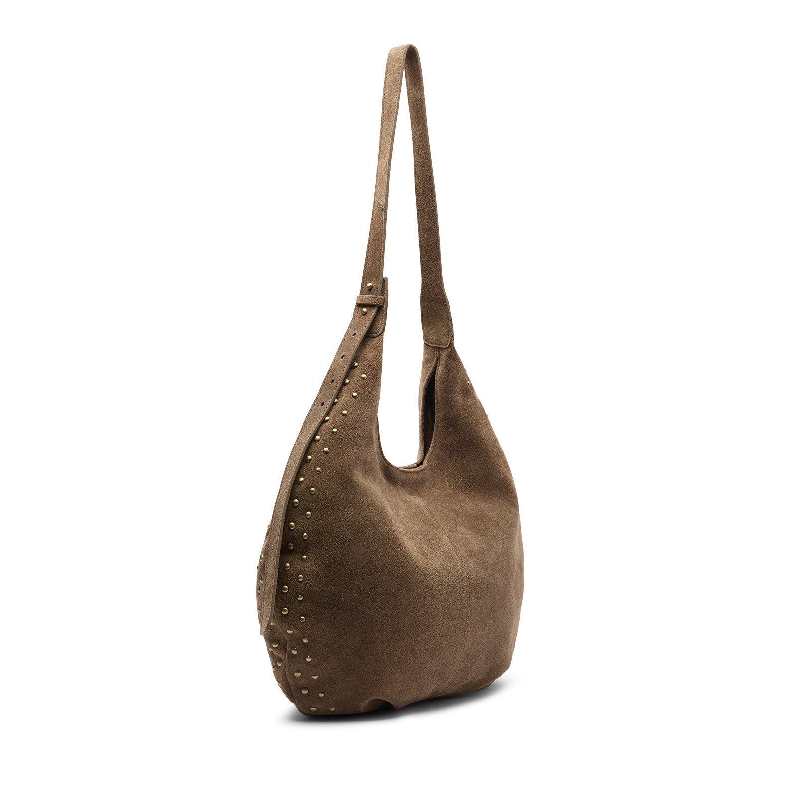 Taupe suède schoudertas met studs