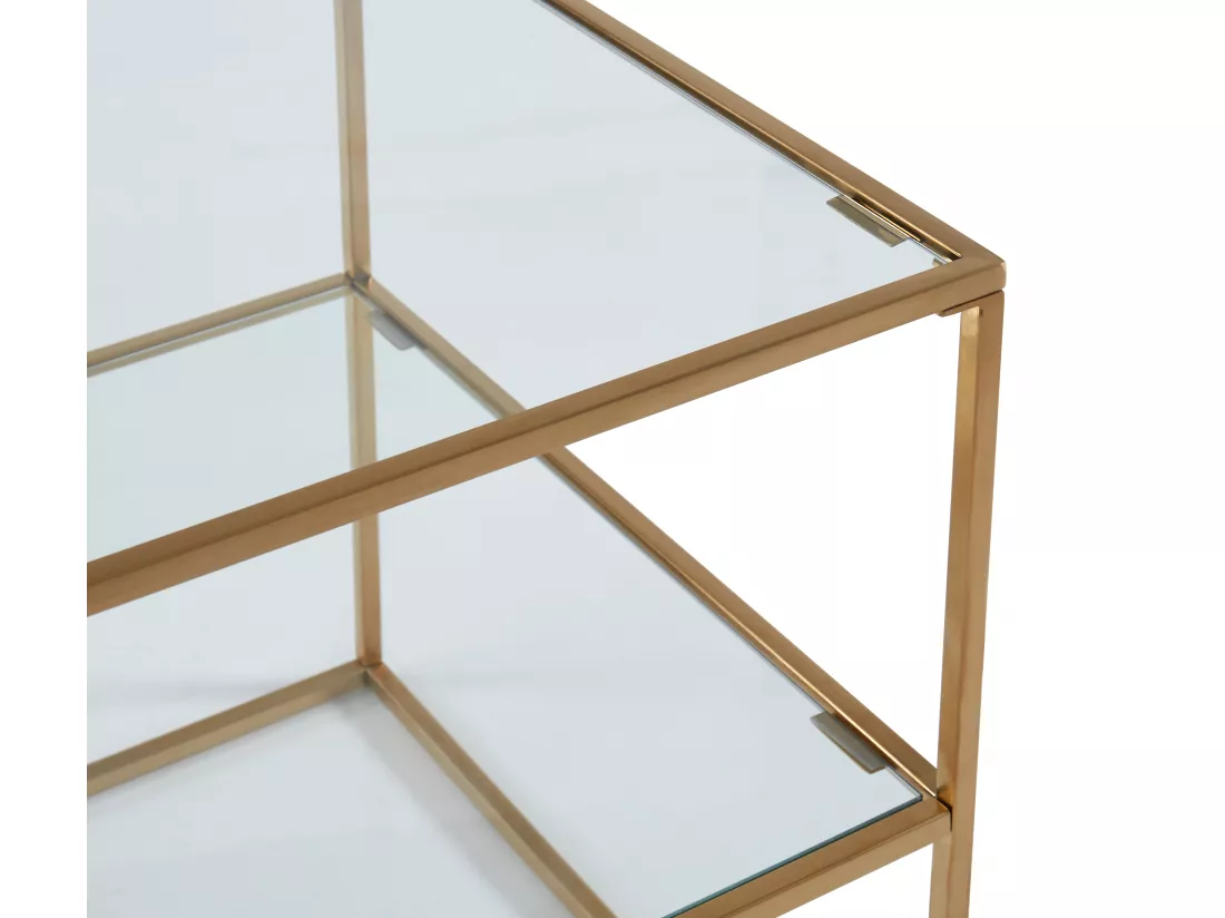 Lot de 2 tables de chevet - 1 tablette - Verre trempé et acier - Doré - KOHANA