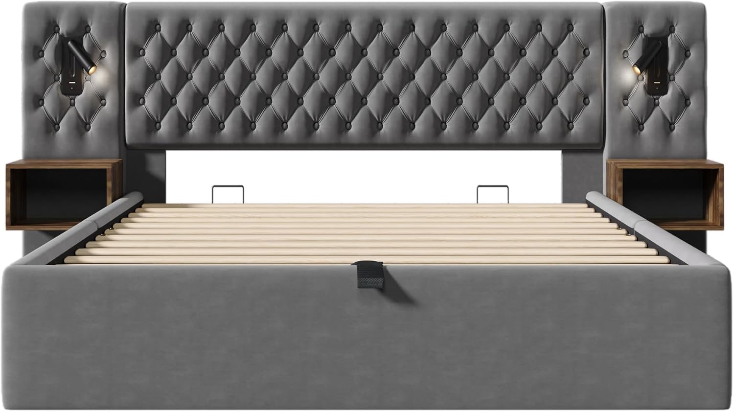 Polsterbett Doppelbett Bettanlage 180x200 cm, Schlafzimmer Komplett Set, Hydraulisch Stauraumbett mit 2x Nachtkommoden, LED Kopfteil Bett mit Leselicht & USB Ladefunktion, Samt, Ohne Matratze, Grau