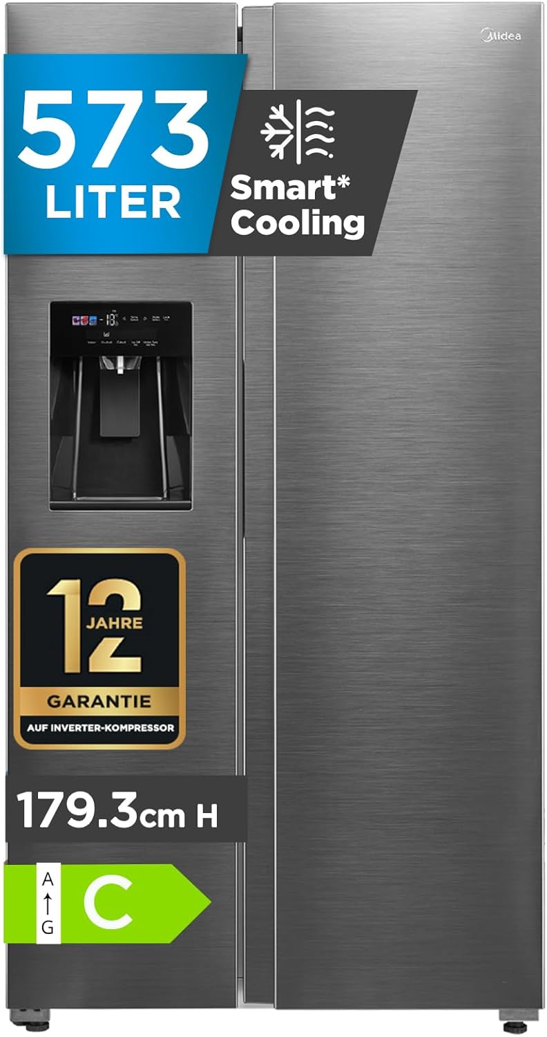 Midea MDRS761MYC46 Side-by-Side Kühl-/Gefrierkombination/No Frost/3in1 Wasser-/Eisspender und Wassertank/Dual Inverter Compressor/179,3 cm Höhe/573L Gesamtvolumen/208 kWh/Jahr/Rostfreier Stahl