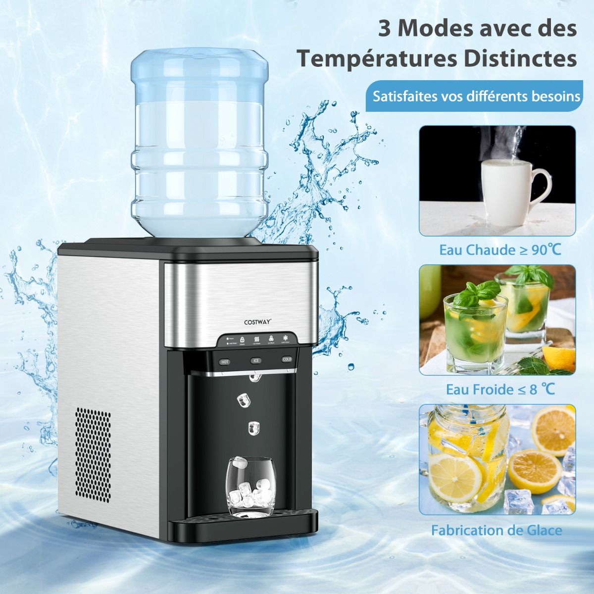 Machine à Glaçons 3 en 1 avec Distributeur d'Eau Froide/Chaude 20 kg en 24h Cube de Glace 6-13 min pour Maison Bureau Bar - Lidl-Manfred