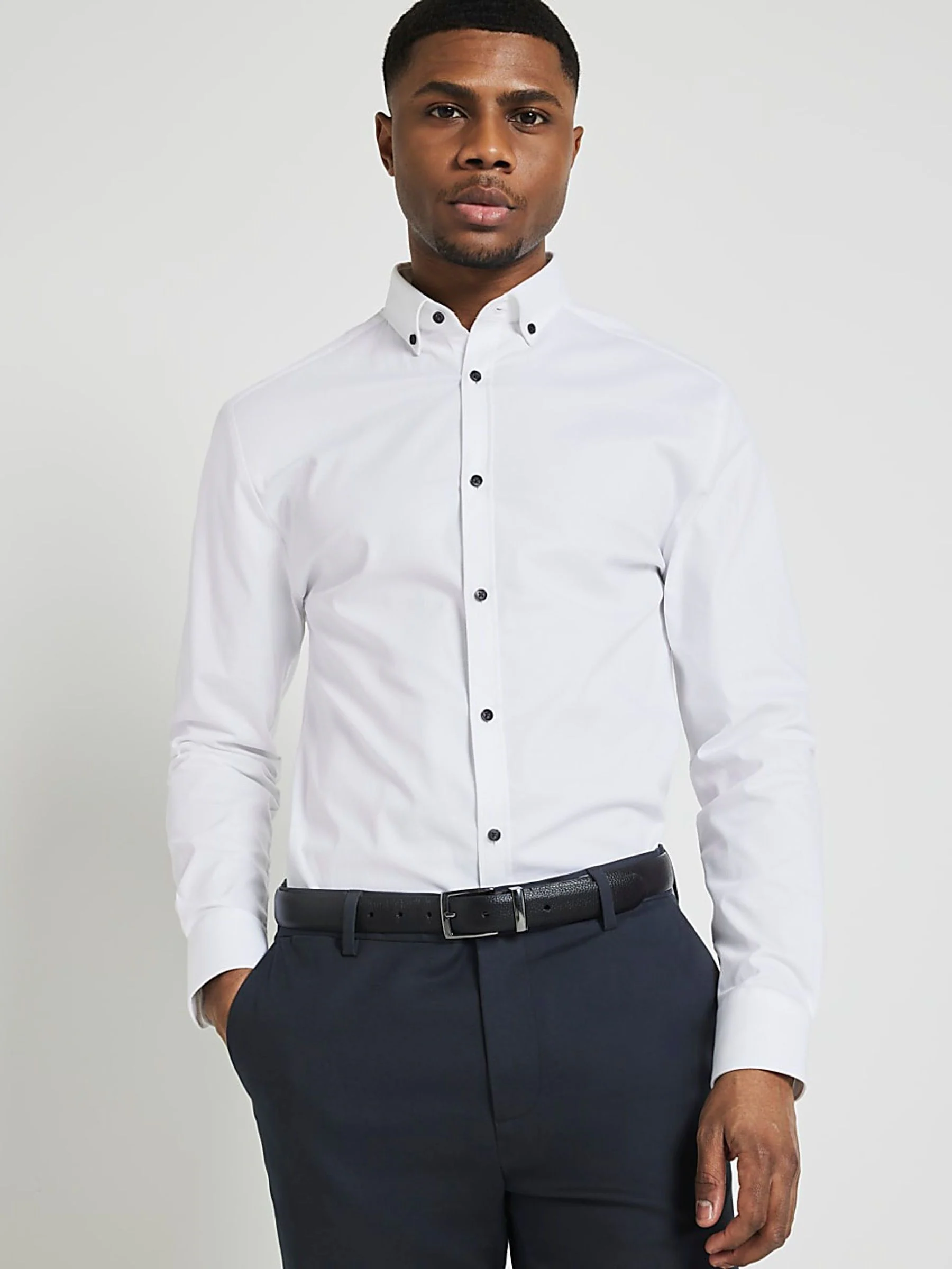 Wit - River Island Muscle Fit Textured Cotton Long Sleeve Shirt