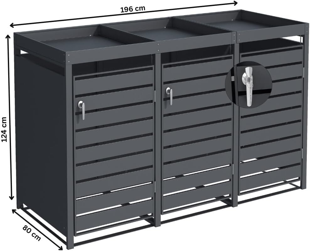 Mülltonnenbox Metall Anthrazit für 3×240L - Mülltonnenunterstand mit Pflanzdach, integrierter Auffangkette zur Kippbegrenzung, pulverbeschichtet, wetterfest - B196×T80×H124 cm