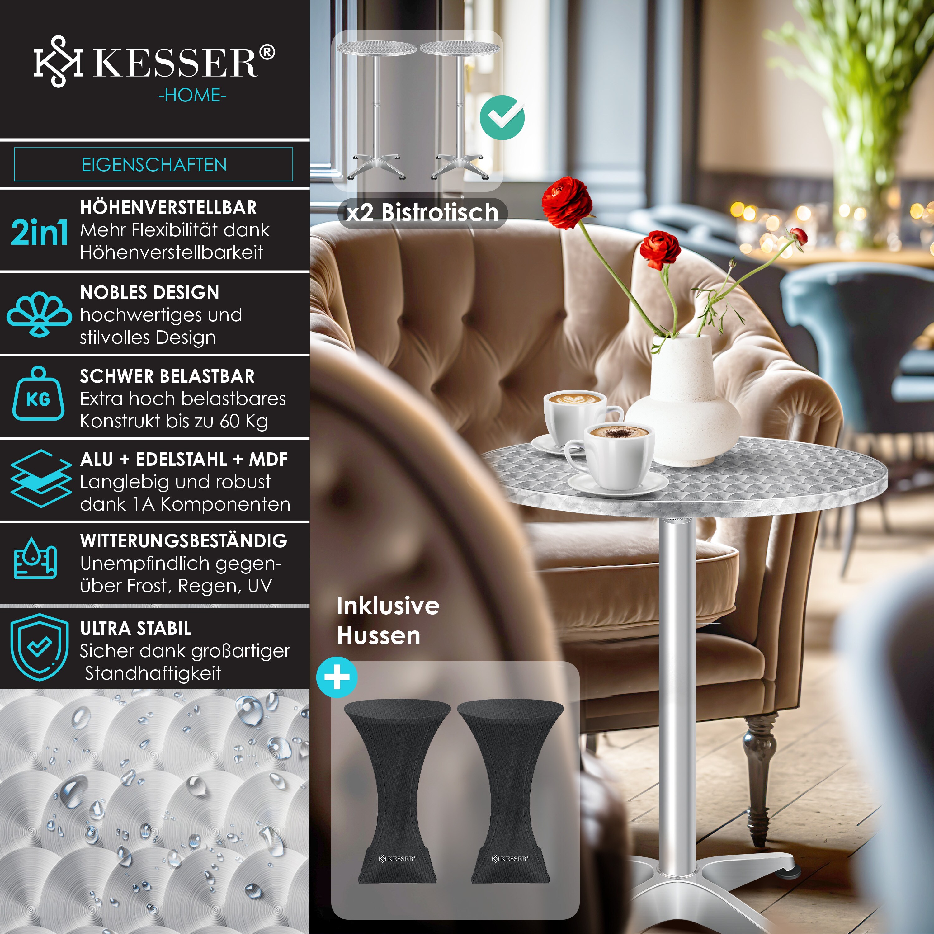 KESSER® 2in1 Stehtisch Bistrotisch Aluminium Edelstahlplatte | höhenverstellbar | 70cm / 115cm | Partytisch Tisch | In- & Outdoor | Hochzeit | Empfangstisch | 4 Standfüße und Regencover
