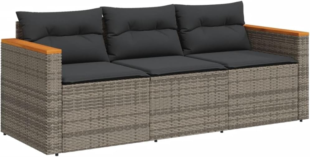 vidaXL Gartensofa 3-Sitzer, Loungesofa Sofa mit mit Kissen, Sitzgruppe Stahlrahmen, Gartenmöbel Lounge Rattanmöbel, Grau Poly Rattan