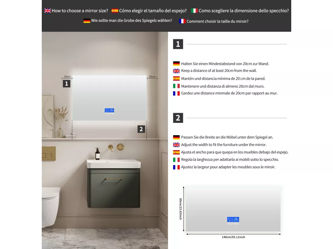 Miroir lumineux de salle de bain carré 60x140 cm, avec affichage de la température, fonction désembuage, trois niveaux de réglage de la luminosité, interrupteur tactile