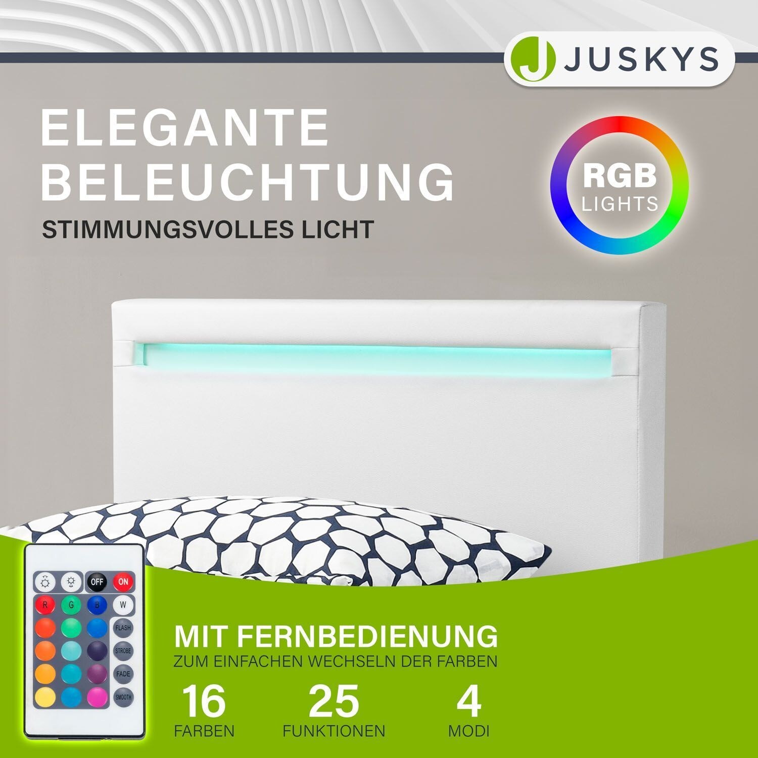 Juskys Polsterbett Verona 90x200 cm weiß mit Matratze – Einzelbett + LED-Beleuchtung & Lattenrost