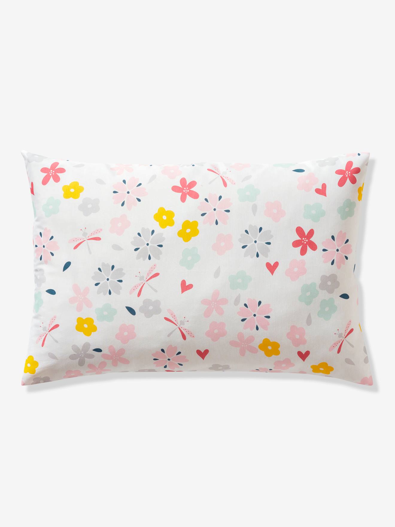 Conjunto de capa de edredom e fronha infantil FLORES E ASAS, liso, branco claro com motivos.