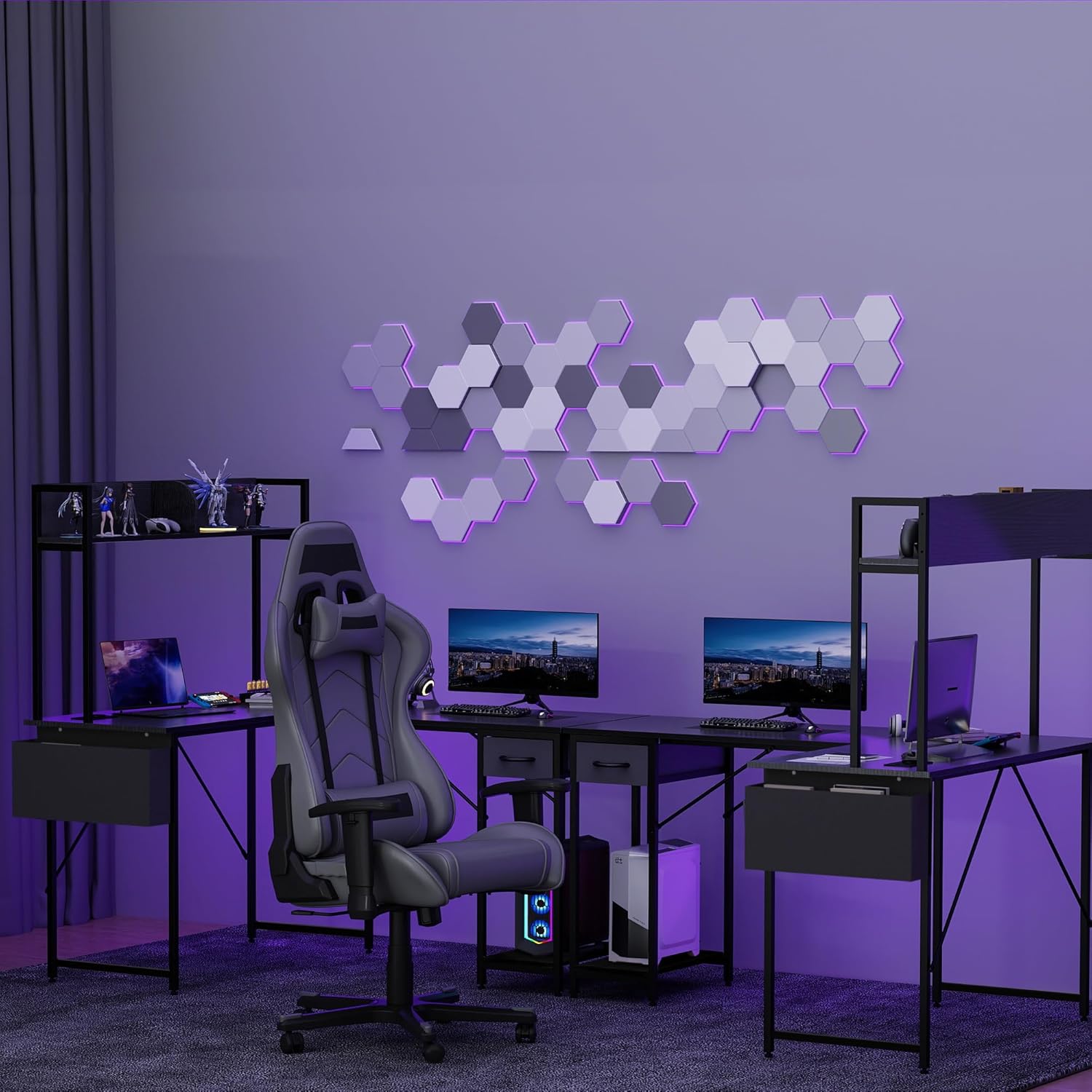 Yansee L-förmiger Schreibtisch, Gaming-Tisch Mit LED, 140×110cm Reversibel Schreibtisch L Form Mit Steckdosenleiste, Eckschreibtisch Eckschreibtisch Mit Aufsatzregal, Schwarz