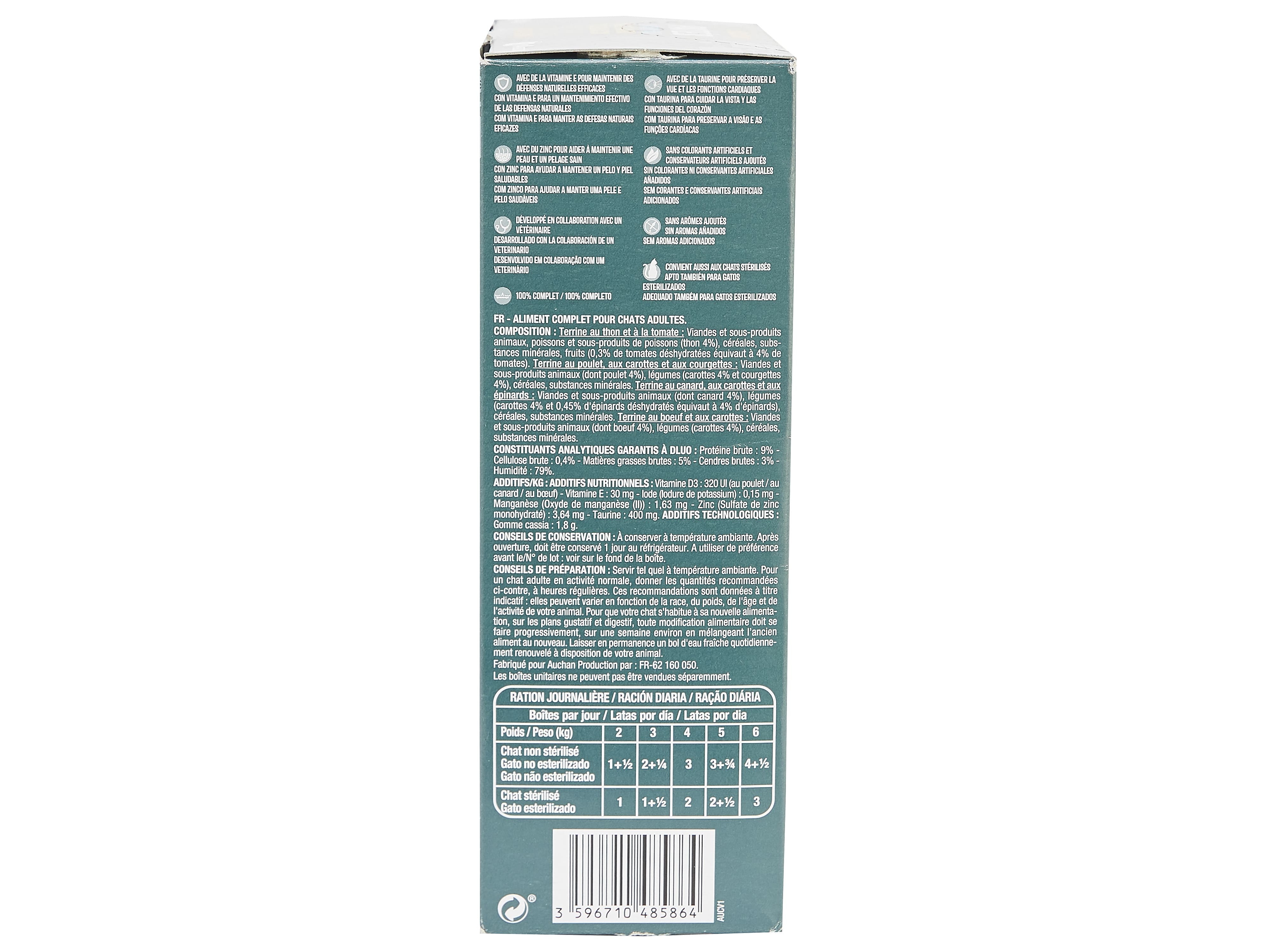 COMIDA HÚMIDA PARA GATO AUCHAN TERRINAS PEIXE E CARNE 12X85G