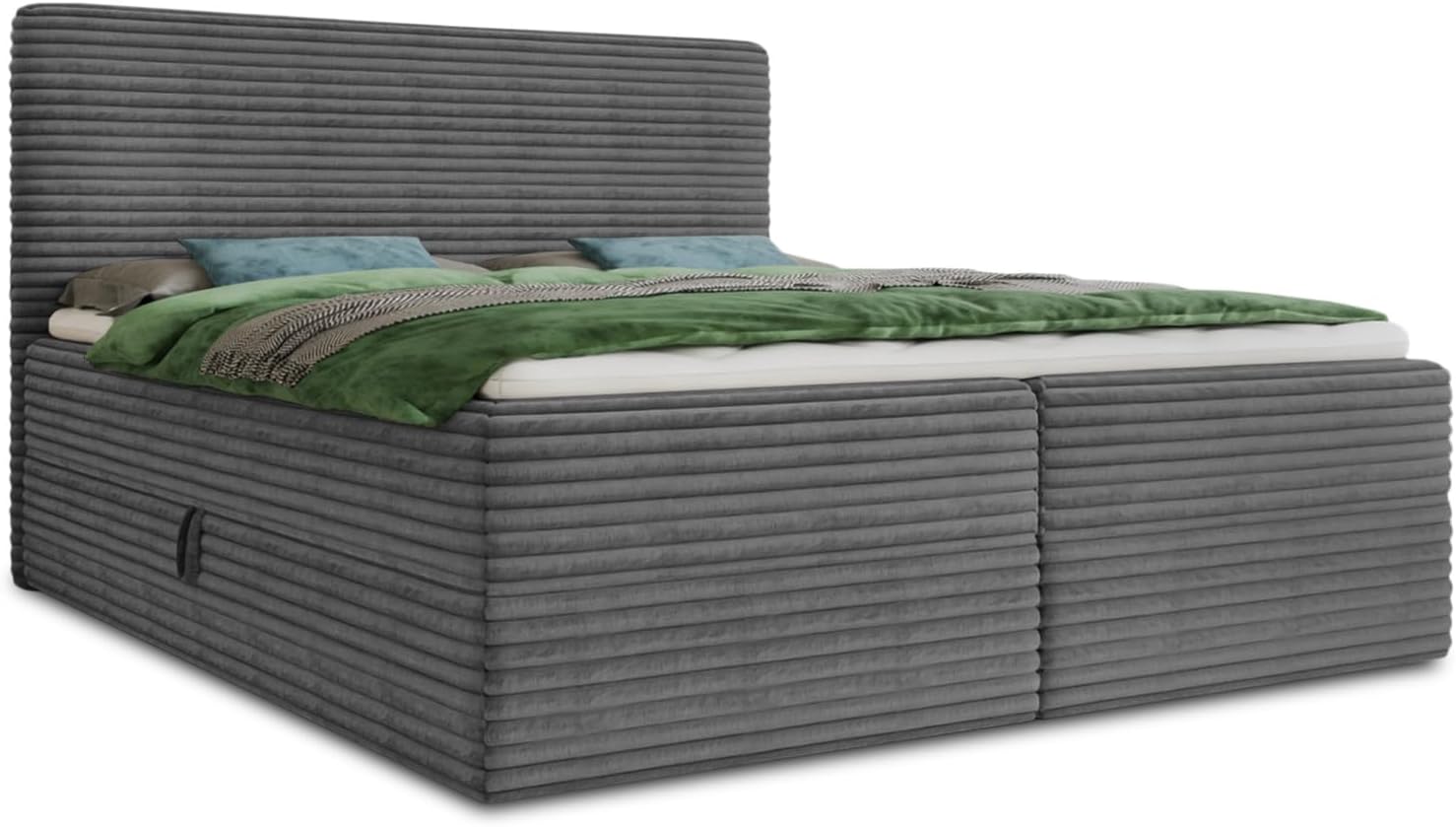 Boxspringbett Mollo mit 2 Bettkästen, Doppelbett mit Bonell-Matratze und Topper, Polsterbett in weichem Cordstoff, Bett, Bettgestell für Schlafzimmer (Graphit (Tilia 90), 140 x 200 cm)