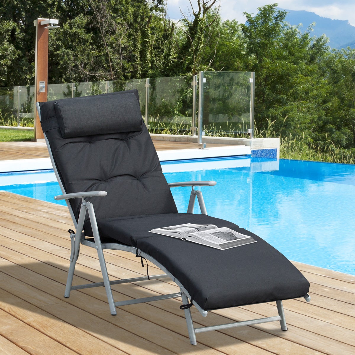 Outsunny ligstoel, tuinligstoel, opvouwbaar, verstelbaar, met kussen, 137 x 63,5 x 100,5 cm, metaal, stof, zwart