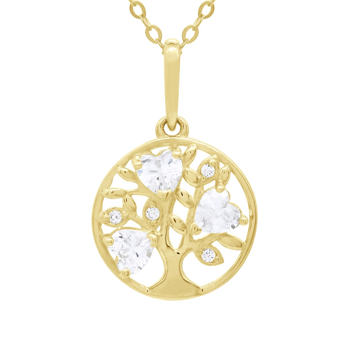Collier - Ornées d'un Pendentif Arbre de vie serti de Trois Oxydes de Zirconium Forme Coeur - Or Jaune
