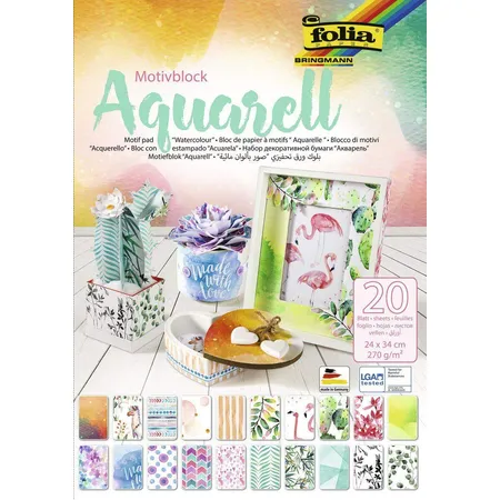Folia Motivblock Aquarell, 270 g/qm, ca. 24 x 34 cm, 20 Blatt sortiert in 20 verschiedenen Motiven