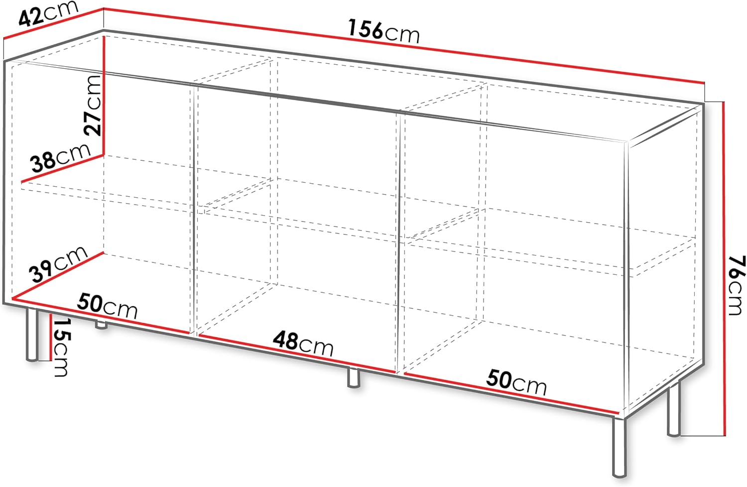 Mirjan24 Kommode Arypot 3D mit 3 Türen, gefräster Front, Griffloses System, Metallfüße, Highboard, Anrichte, Sideboard, Mehrzweckschrank, Wohnzimmerschrank (Cashmere)
