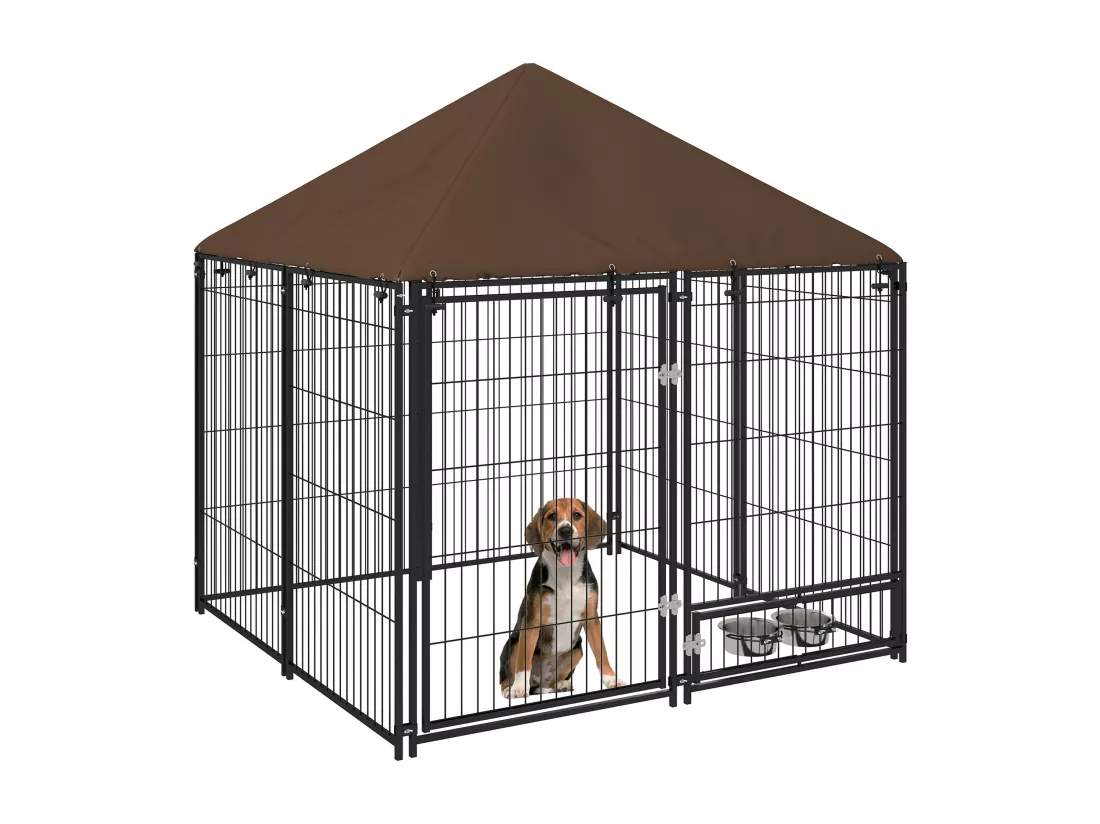 Chenil extérieur pour chiens en métal et tissu oxford avec support gamelle et toit résistant aux intempéries espace spacieux 141L x 141l x 151H cm noir