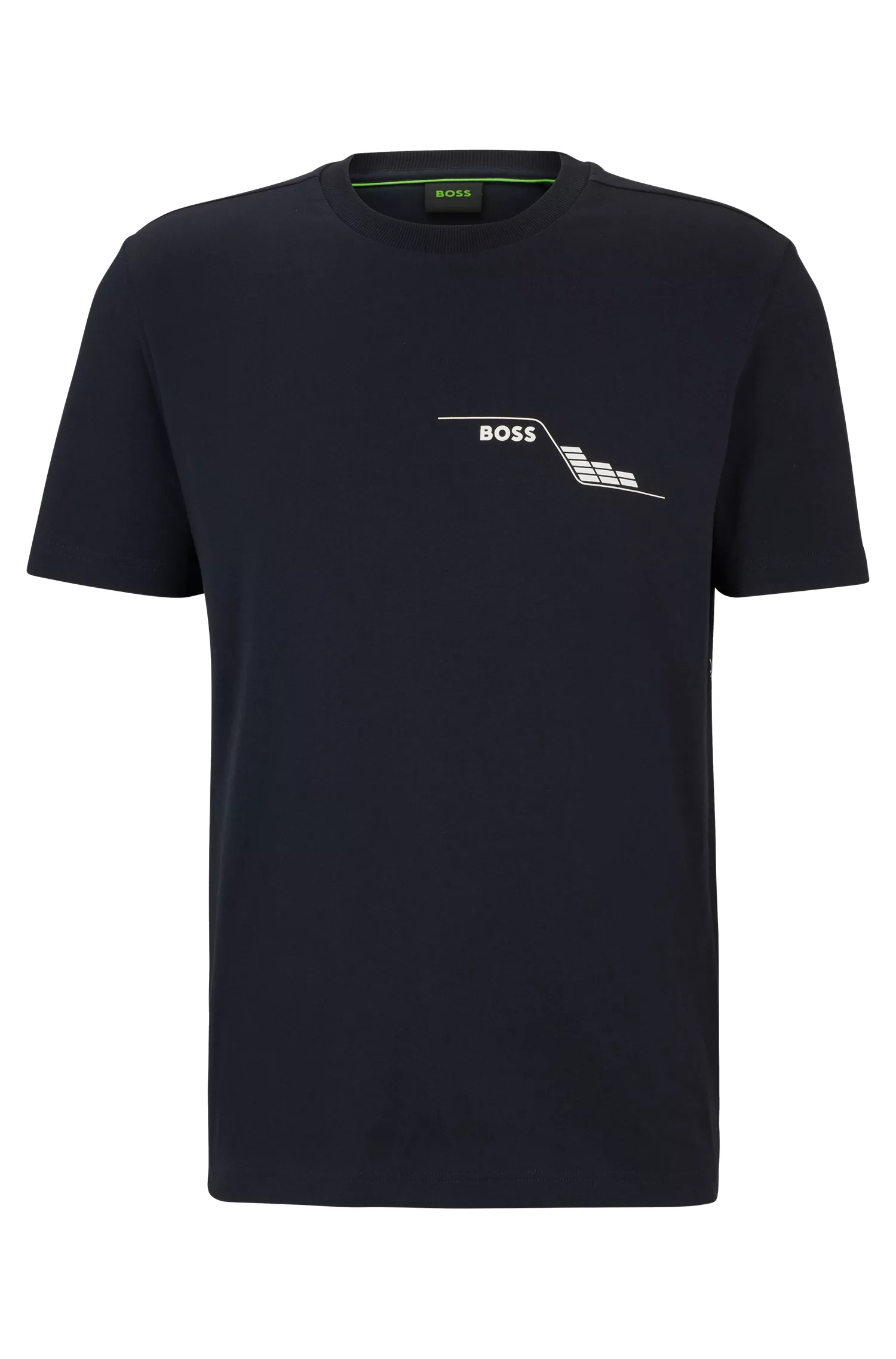 Camiseta BOSS verde em malha de algodão com gola redonda e estampa sazonal.