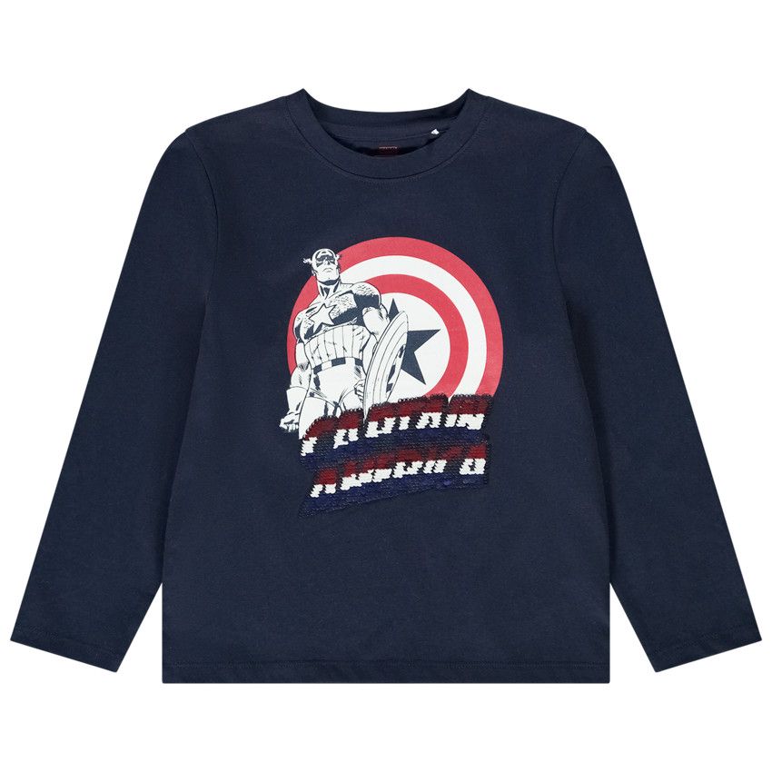 T-shirt manches longues à sequins magiques Captain America Marvel pour garçon - Bleu marine