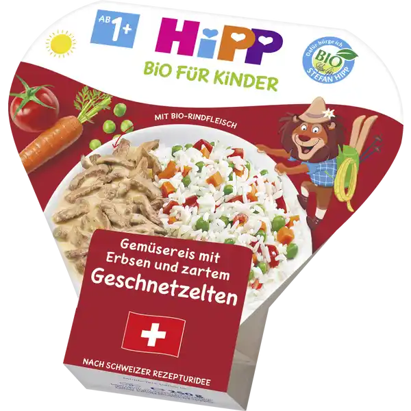 Bio Gemüsereis mit Erbsen und zartem Geschnetzelten