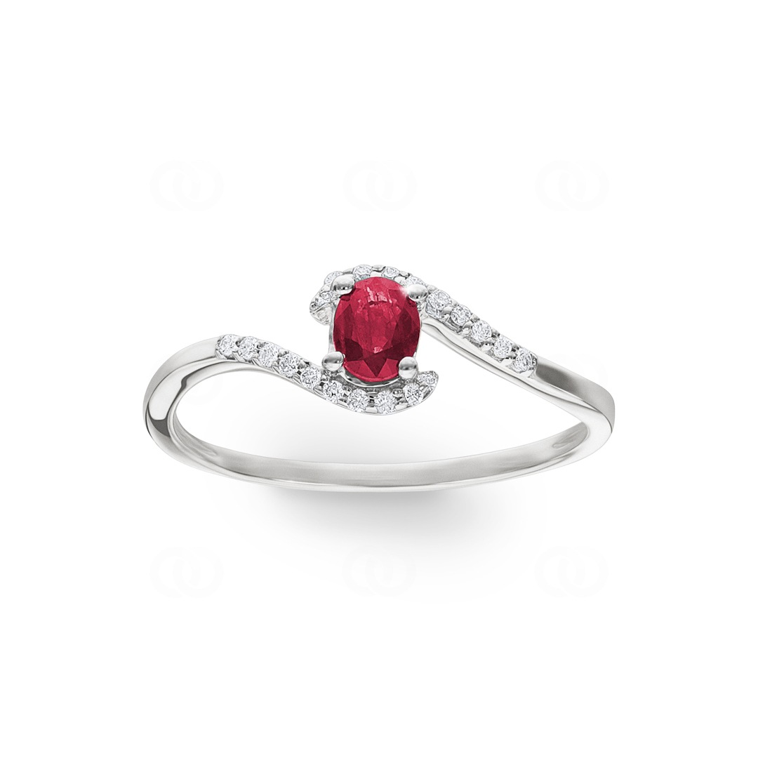 Damenring 750/18 K Weissgold mit Rubin oval und Diamanten 0.07 ct H/si